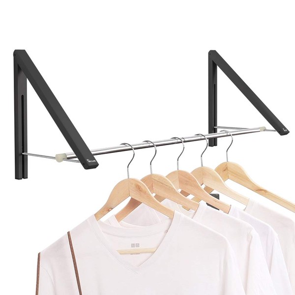 Anjuer Retractable Clothes Rack - Wall Mounted Folding Clothes Hanger Drying Rack for Laundry Room Closet Storage Organization, Aluminum, 2 Racks with Rod (Black)