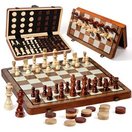 MerryPony Juego de ajedrez y damas de madera magnético 2 en 1, juego de ajedrez plegable de 15 pulgadas para adultos y niños, tablero de ajedrez con 2 reinas adicionales, juego de ajedrez de viaje con