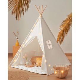 Tiny Land Teepee Tent for Kids – 100% Cotton Play Tent with Padded Mat & Star Lights, Foldable with Carry Bag, Indoor Play Tent for Girls & Boys