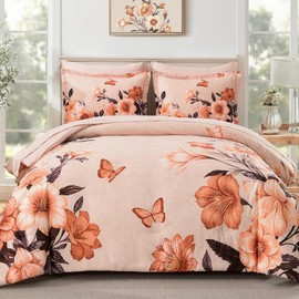 DHSFKBE Floral King Size Comforter Set,7 Piece Orange Bed in a Bag, Elegant Flower Pattern Comforter Set with Sheet, Soft Microfiber Complete Bedding Sets for All Season