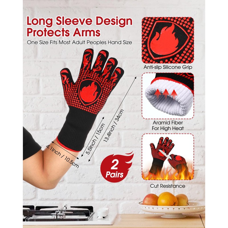Innconee 2 Pairs BBQ Gloves 1472℉ Heat Resistant Gloves BBQ