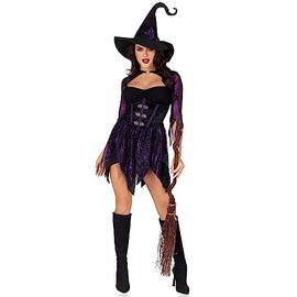 LEG AVENUE 2 PC Mystical Witch, includes dress with spiderweb tattered skirt, velvet waist metal clasp accents, and tattered witch hat with wired point