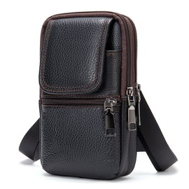 Mens Cell Phone Waist Pouch Leather Black, Cell Phone Crossbody Bag Leather Men, Leather Vertical Cell Phone Belt Loop Holster Smartphone Shoulder Messenger Bag Zipper Cross Body Purse Handbag Wallet