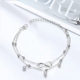 Handcess Boho Pearl Double Anklet Silver Forever Ankle Bracelets Beach Beads Anklets for Women and Girls