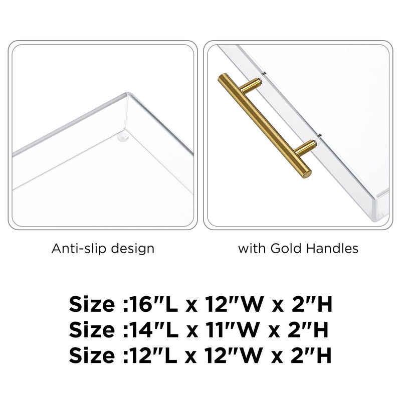 11"x14" Clear Acrylic Serving Tray with Golden Handles, Sturdy Huge