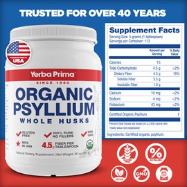 Yerba Prima Organic Psyllium Whole Husks Colon Cleanser - 20 oz - Natural Daily Dietary Fiber Supplement 20oz, Colon Cleanser, Regularity & Detox Cleansing Support, Gluten Free, Non GMO, Vegan