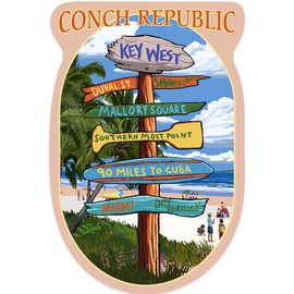 Die Cut Sticker Key West, Florida, Conch Republic, Destination Signs, Contour Vinyl Sticker 3 to 6 inches, (Waterproof Decal for Cars, Water Bottles, Laptops, Coolers), Large