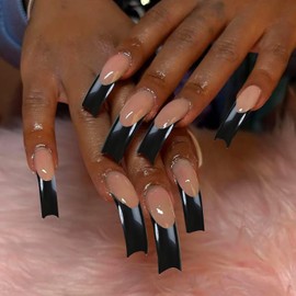 Black French Curved Press on Nails Extra Long Square False Nails Artificial Acrylic Nails Nude Pink Full Cover Curved Nail Tips Designs Nail Press ons Stick on Nails for Women 20 Pcs
