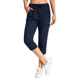MOCOLY Women's Hiking Capris Pants Outdoor Lightweight Quick Dry Water Resistant UPF 50 Cargo Pants with Zipper Pockets Navy Blue M