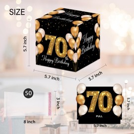 70th Birthday Money Box for Cash Pull, Happy Birthday Black Gold Boxes Gifts for Money Pull Out Card, 50Pcs Transparent Bags