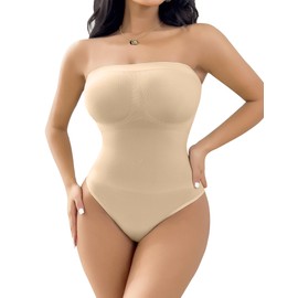 SheBuddy Women's Strapless Shapewear Thong Bodysuit Tummy Control Seamless Sculpted Body Shaper with Removable Straps