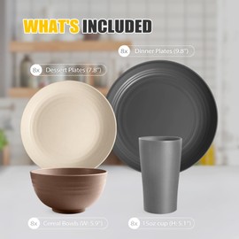 Teivio 32-Piece Kitchen Plastic Wheat Straw Dinnerware Set,Service for 8,Unbreakable Plates, Bowls and Cups Set,Farmhouse Outdoor Camping Dishes for Rustic Life/Country/Vintage,Aesthetic Multicolor