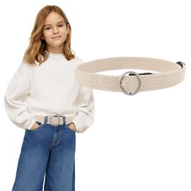Girl Braided Woven Stretch Belt - Golf Softball Elastic Belt Canvas Casual Belt for Kids Aged 4-18 Years (Beige 35.5in)