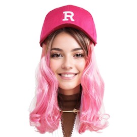LEEWIN Baseball Cap with Single Color Curly Style Velcro Hair Piece,Wig Hat Synthetic Hairpiece for Women Girls (14inch, Pink Hair,Pink Hat)