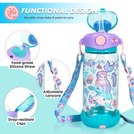 PinkSheep Kids Water Bottle with Straw/Lanyard 650ml BPA Free Child Drinking Water Bottle Leak-Proof Locking Flip Lid for Kids Girls Boys School Sport Travel (Mermaid)