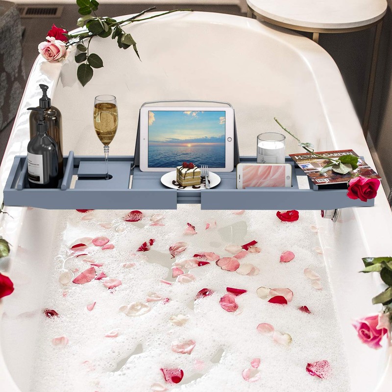 Domax Bathtub Caddy Tray Expandable Bamboo Tub Tray for Luxury