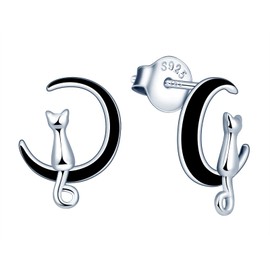MicVivien Cat on the Moon Stud Earrings 925 Sterling Silver Kitten Black Crescent Moon Stud Earrings for Womens Girls