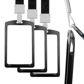 Baiyanor 3 Pack Aluminum Badge Holder Slide in from top, Name Badge with Detachable Neck Lanyard/Strap for ID Card, Working Card, Name Tag (Black)