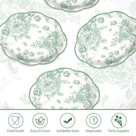 50Pcs Sage Green Floral Large Oval Paper Plates 12 x 10 Inch