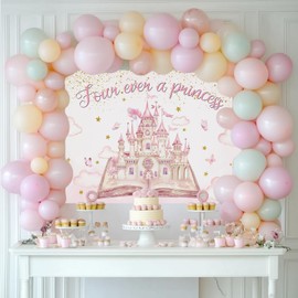 Mocsicka Four Ever a Princess Birthday Backdrop for Castle Party Girls 4th Birthday Decorations Pink Pastel Cloud Castle Party Decorations Photo Booth Props (7x5ft (82x60 inch))