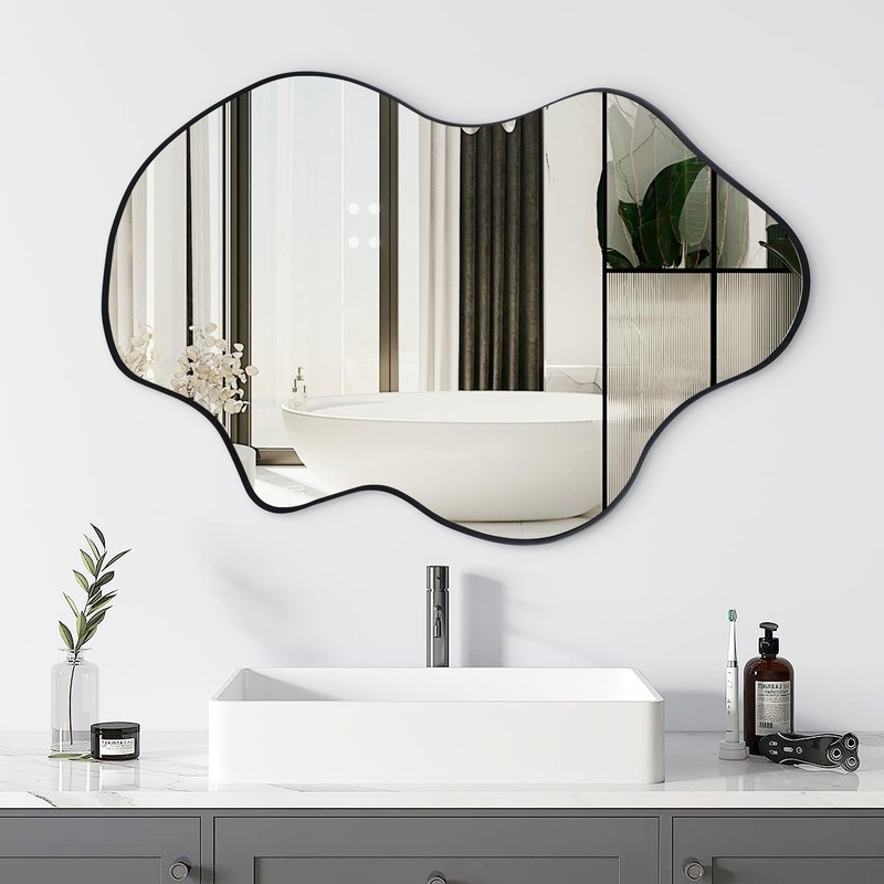 Tanmicoshomy Black Bathroom Mirror 24x36 Inch, Asymmetrical Framed Wall Mirrors