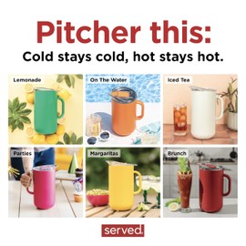 Served Premium Insulated Pitcher (2L/66oz) - Double Walled, Copper Lined Stainless Steel Pitcher with Lid - Vacuum Insulated Carafe for Hot Coffee, Tea, Iced Drinks, Water, Cocktails, and More