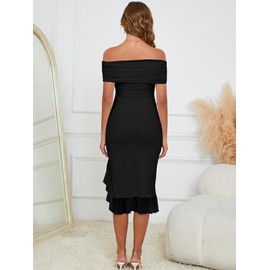 BORIFLORS Women's Sexy Off The Shoulder Bodycon Midi Dresses Elegant Ruched Ruffle Hem Cocktail Party Dress, Medium, Black