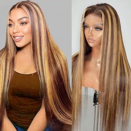 FEIREATA Highlight Ombre Lace Front Wigs Human Hair Pre Plucked with Baby Hair 4/27 Glueless 180 Density 4x4 Lace Closure Human Hair Straight Wigs for Women 26 inch