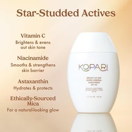 Kopari Kopari Bright as Day Sheer Mineral Sunscreen SPF 50, 100% Mineral Facial Sunscreen with Vitamin C & Niacinamide, Sheer Finish, All Skin Tones, 1.7 oz