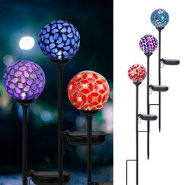 VCUTEKA Solar Garden Decorative Lights Outdoor, Mosaic Solar Light Waterproof LED Pathway Stake Light for Landscape Patio Yard Deck Walkway Decoration, 3 Pack （Blue&Purple&Red）