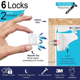 Eco-Baby Cabinet Locks for Babies - 6-Pack Magnetic Baby Proof Safety Latches﻿, 2 Keys - Magnetic Baby Proof Lock for Cabinets, Doors, Drawers - Easy to Install Child Proofing