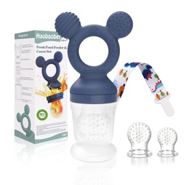 HAOBAOBEI Baby Food Feeder/Fruit Feeder Pacifier Nibbler, BPA Free Infant Teether, Teething Toy for 6-12 Months (1-Pack with 3 Sizes Silicone Mesh) (Steel Blue)