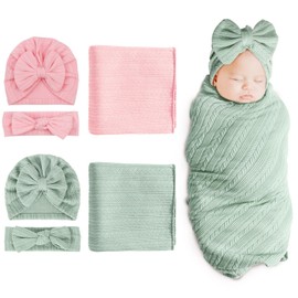 DRESHOW BQUBO Newborn Receiving Blanket Headband Hat Set for Baby, Unisex Baby Boys Girls Essentials, Newborn Registry Must Haves, Stroller Crib Shower Gifts