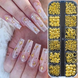 3D Nail Charms Nail Art Kit with 30 Sheets Gold Nail Stickers 12 Boxs of Star Moon Nail Art Metal Charms Nail Art Designs Nail Supplies Gold Nail Decals for Women Manicure Kit Nail Art Decoration