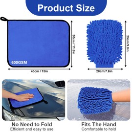 vsshe Car Washing Kit, 3 Microfiber Cleaning Cloths(Coral Fleece) 600 GSM and 2 Chenille Wash Mitts, Drying Towels, Highly Absorbent 100% Scratch-Free, for Home and Car Washing, Detailing 40 x 30 cm