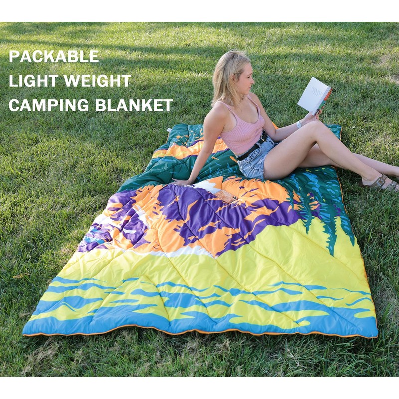 Bedvcaty Camping Blanket, Puffy Waterproof Travel Blanket, Warm Cozy Picnic