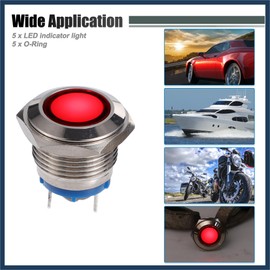 INFINAUTO 5 Pcs LED Indicator Light 16mm 12V AC DC Metal Shell Waterproof Pilot Dash Signal Lamp for Car Truck Boat Internal Red Stylish Design