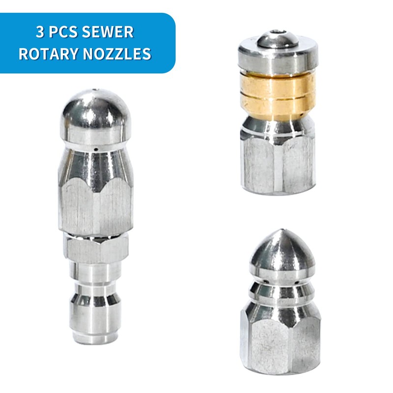 3 PCs Sewer Jetter Nozzle for Pressure Washer, Stainless Steel