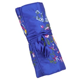 mookaitedcor Garden Design Embroidered Jewellery Roll with Beautiful Flowers, Bag Organiser for Earrings, Necklaces, Bracelets, Watch, Blue