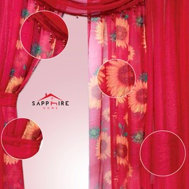 Sapphire Home Sheer Curtains - Two Tone 4 Panels Set w/Valance & Tiebacks, 55"x84", Lightweight Light-Filtering Window Curtain for Living Room, Bedroom, Kitchen, Dining Room - Sunflower/Red
