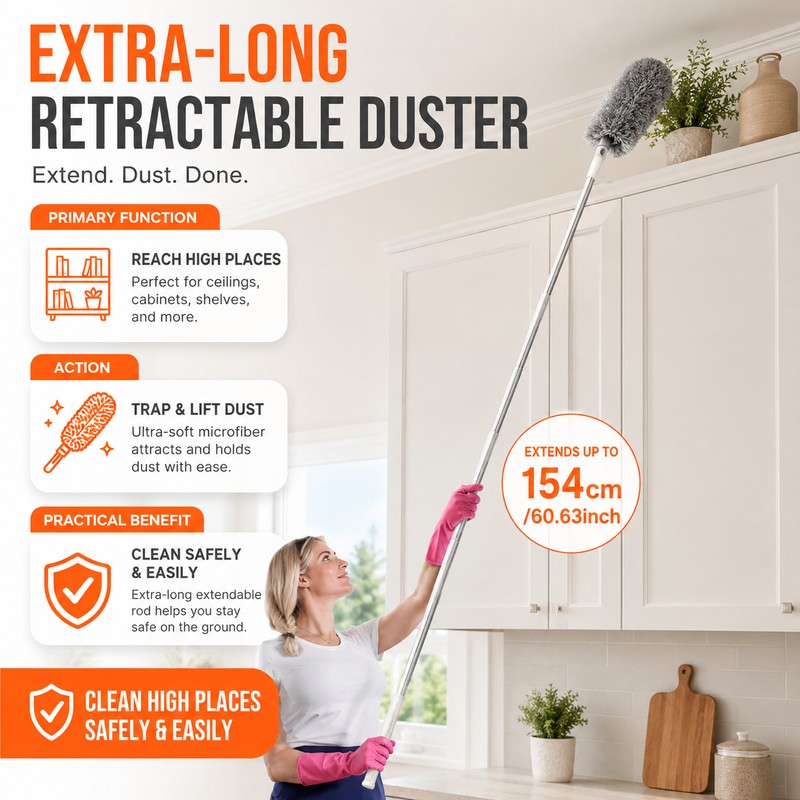 Extendable Microfiber Duster for High Cleaning – 60.63-Inch Bendable Washable