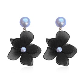 Generic Peasimy Mesh Fabirc Petal Big Flower Earrings Chiffon Floral Statement Earrings Women Dancing Banquet Jewelry (Black)