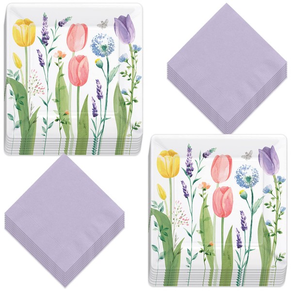 HOME & HOOPLA Spring Tulip Garden Square Paper Dinner Plates and Luncheon Napkins For Spring and Mother's Day (Serves 16)