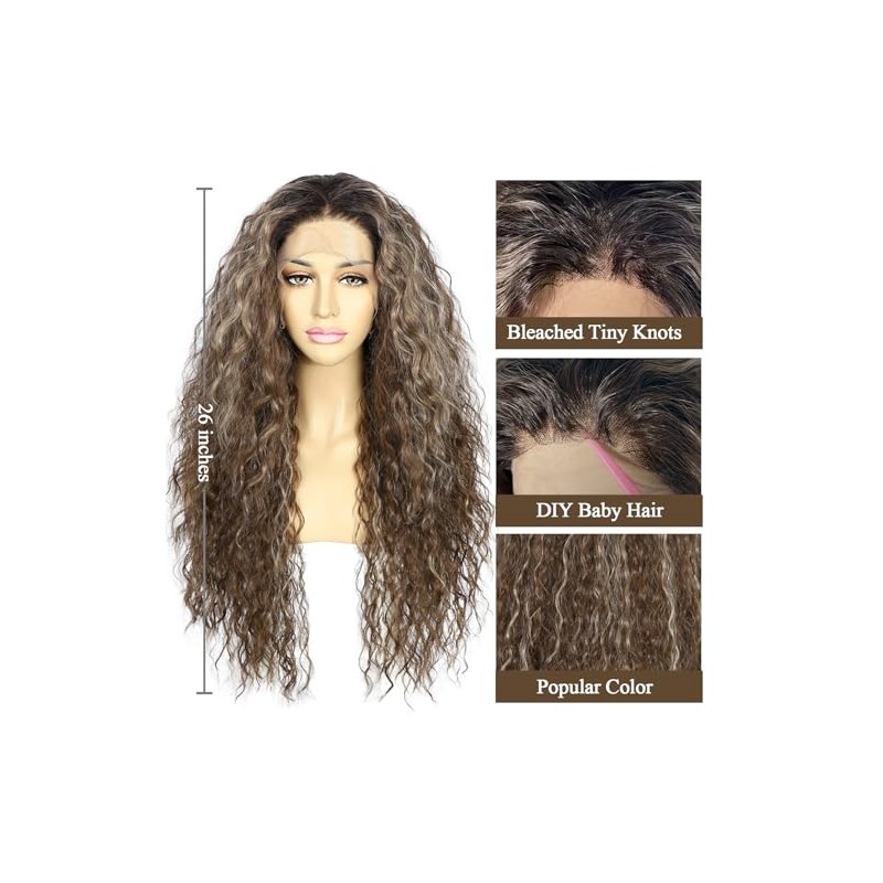SAPPHIREWIGS Peluca sintética rizada marrón con encaje frontal para mujer,
