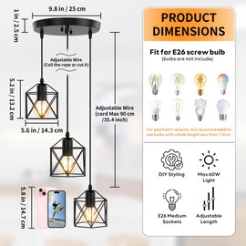 Phaosio 3 Light Pendant Light Fixtures, Dining Room Farmhouse Kitchen Island Light Fixture Chandelier, Industrial Hanging Pendant Lighting for Bedroom, Metal Cage Pendant Ceiling Lamp Black