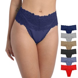 WKFIINM Pack 6 High Waisted Lace Thong for Women Cotton Underwear Plus Size High Rise Retro Tummy Control Thongs Panties Size Medium