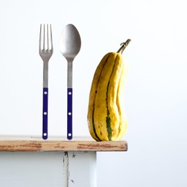 SABRE PARIS - 2-Piece Serving Set - Bistrot Vintage Collection - Large Fork & Large Spoon - Stainless Steel & Nylon - Dishwasher Safe - Navy Blue - Mat Finish