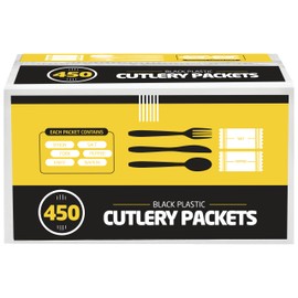 450 Plastic Cutlery Packets - Knife Fork Spoon Napkin Salt Pepper Sets | Black Silverware Individually Wrapped, Bulk Disposable To Go Utensil Kits