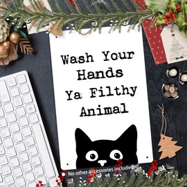 PUHEI Funny Black Cat Metal Signs, Wash Your Hands Ya Filthy Animal Metal Tin Sign, Funny Bathroom Signs, Cat Bathroom Decor, Funny Bathroom Decor, Cat Signs for Home Decor, 8x12 Inch