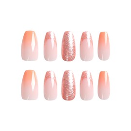 AkiliBIELY Coffin Press on Nails French Tip Short Medium Pink Ombre Gold Glitter Fake Nails Women Fantasy Glue on Nails Acrylic Gel Stick on Nails Classy False Nails Wedding Birthday
